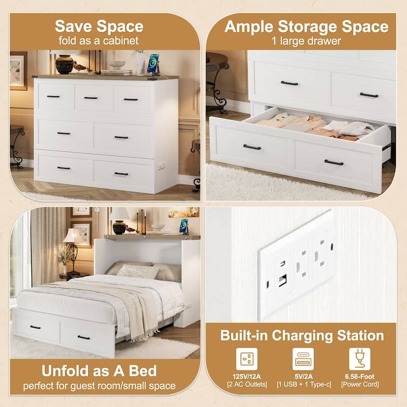 Foldable Murphy Bed Cabinet Full/Queen with USB & Type-C Ports and Storage Drawer for Guest Room