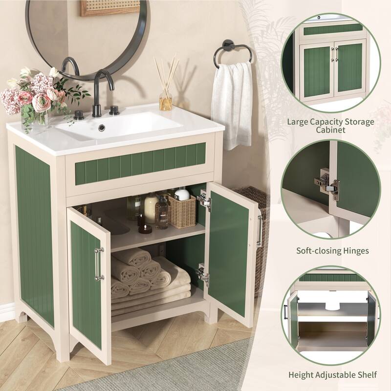 30 Inch Single Sink Freestanding Bathroom Vanity in Green with White Ceramic Top