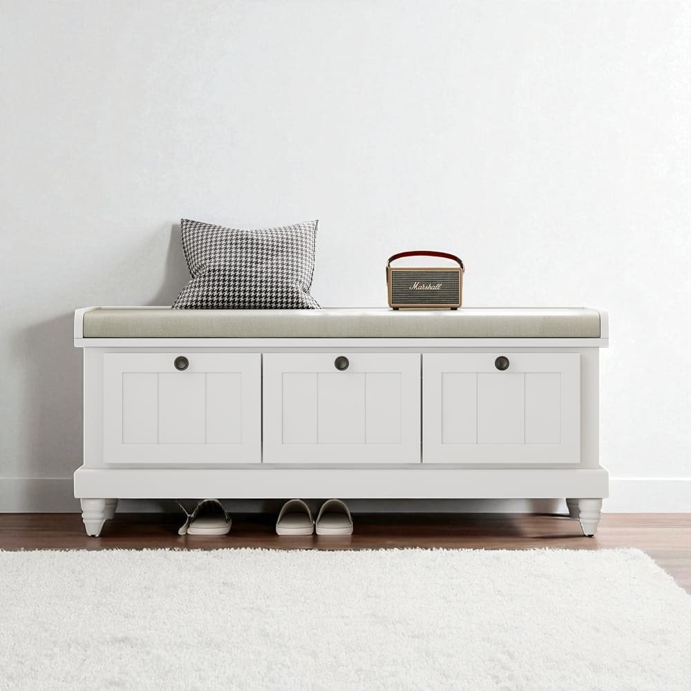 Classic Entryway Shoe Bench with Cushion and 3 Drawers, Fluted Storage Bench with Hidden Compartment and Rubber Wood Legs