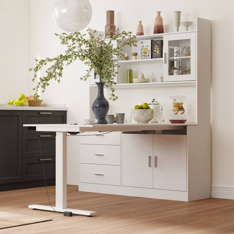 Electric Height Adjustable Standing Desk with Storage Hutch, 68.5” White Home Office Desk with Drawers and Cabinets
