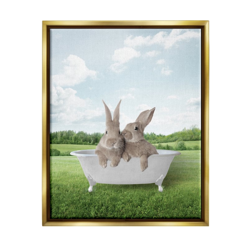 Stupell Bunnies in Tub Landscape Framed Floater Canvas Wall Art Design by Lettered and Lined - 17 x 21 - Gold