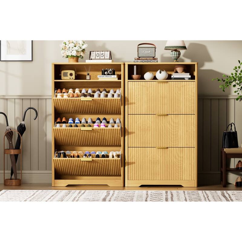 Shoe Cabinet with Open Shelf & 3 Flip Drawers, Wood Shoe Rack with Wave-Patterned Panel, Free Standing Entryway Shoe Organizer