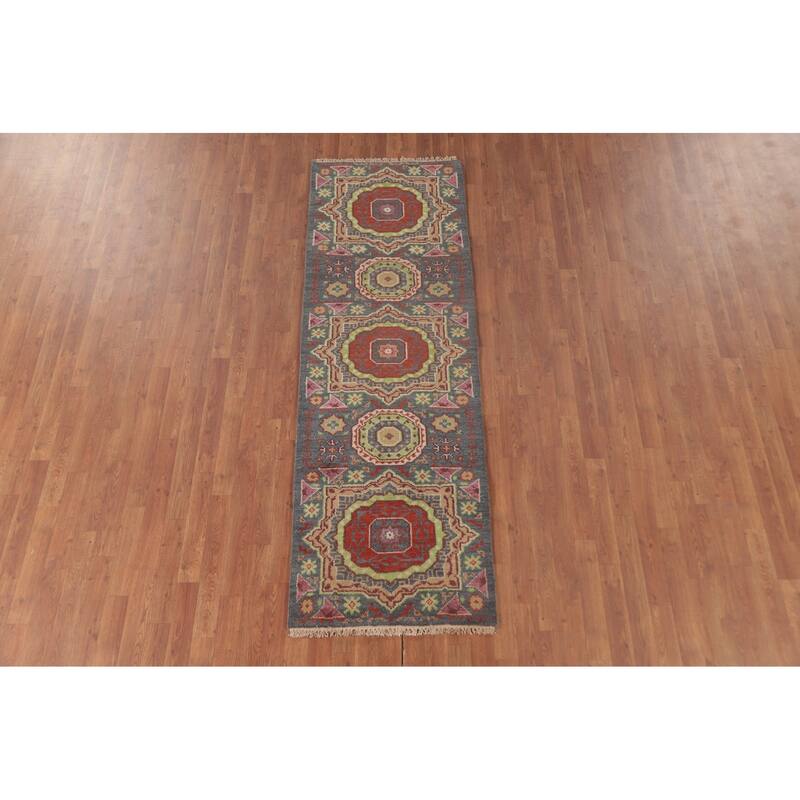 Geometric Grey Kazak Runner Rug Hand-Knotted Wool Carpet - 2'6"x 7'9"