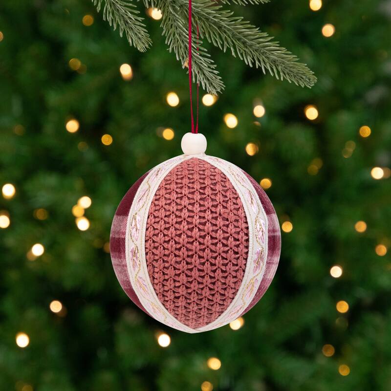 Plaid and Knitted Christmas Ball Ornaments - 3.5" - Maroon and Ivory - Set of 4