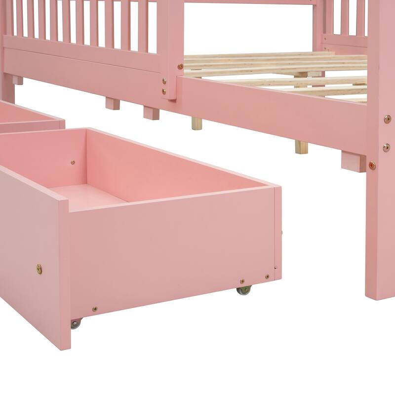 Wood Bed with Guardrails and Two Storage Drawers