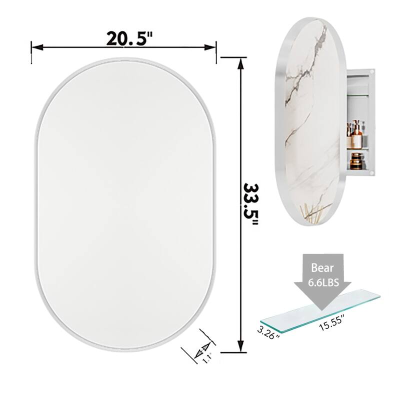 20 in. x 34 in. Oval Metal Framed Recessed Bathroom Medicine Cabinet with Mirror and Adjustable Shelves