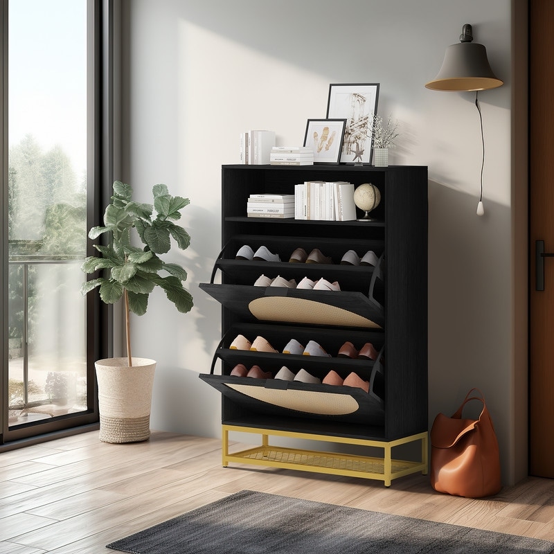 Grondin Mid Century Modern Style 2 Pull Down Rattan Drawers Shoe Cabinet with Open Storage Compartment and Bottom Shelf Black Gold