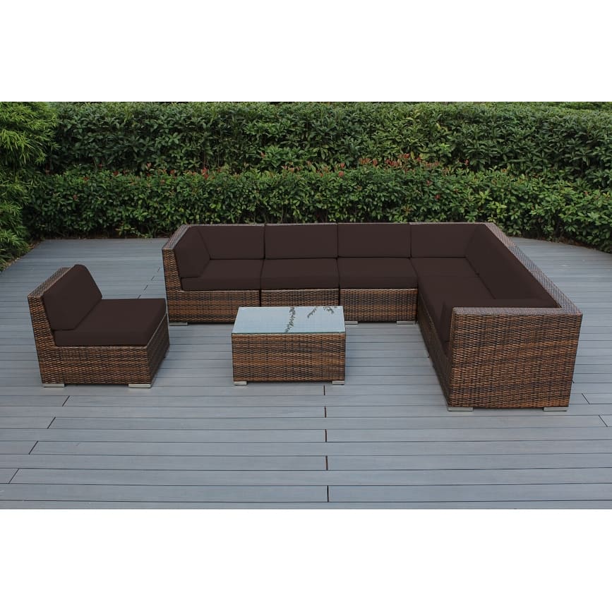 Ohana Outdoor Patio 8 Piece Mixed Brown Wicker Sectional with Cushions - No Assembly
