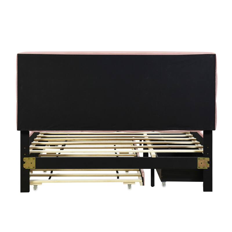 Queen Size Linen Upholstered Platform Bed with Twin XL Trundle and 2 Drawers Wood Storage Bed Frame with LED & Tufted Headboard