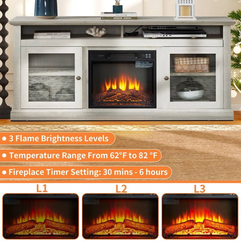 58/60" Contemporary/Classic Fireplace TV Stand for 65" TVs w/ 18" Insert Open/Glass-Door Storage Stone Gray/Driftwood