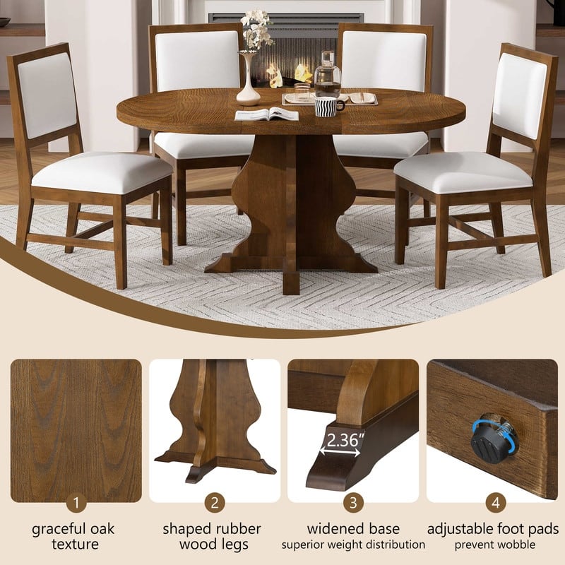 Farmhouse 5-Piece Dining Table Set with Upholstered Chairs and Extendable Dining Table for Dining Room, Kitchen and Living Room