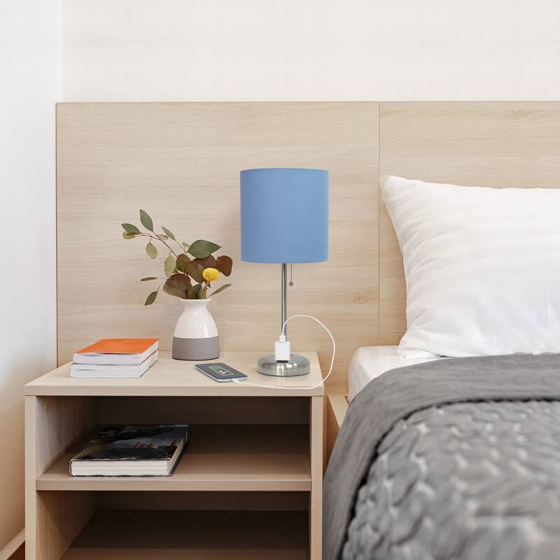 19.5" Power Outlet Metal Lamp in Steel w Aqua Shade