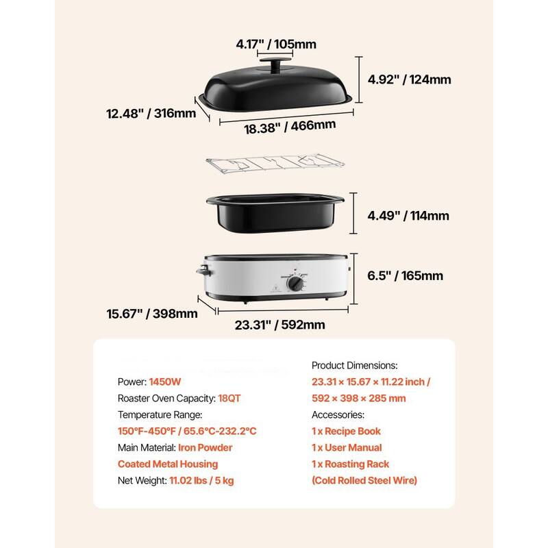 Black-Silver 18QT Electric Roaster Oven 1450W with Self-Basting Lid - 23.31 x 15.67 x 11.22 in.