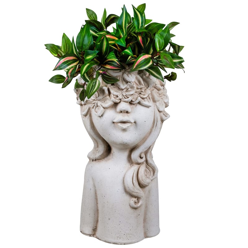 Lady Head with Flowers Outdoor Garden Planter - 16.5" - Beige