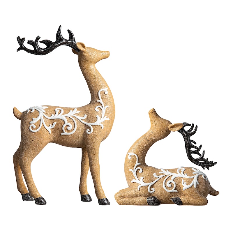 Glitzhome Resin Christmas Lying Standing Reindeer Figurines Xmas Table Decor Deer Statues