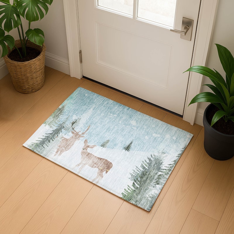 Premium Washable Super Soft Winter Snow Reindeer Mayfield Rug - Sky - 1'8" x 2'6"