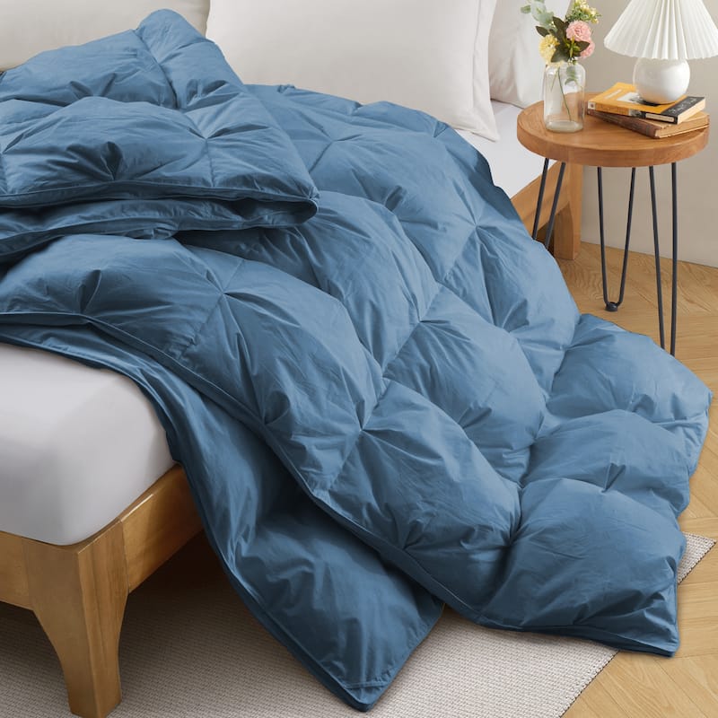 All Season White Goose Feather Down Gusseted Pintuck Pleat Comforter 100% Cotton Cover