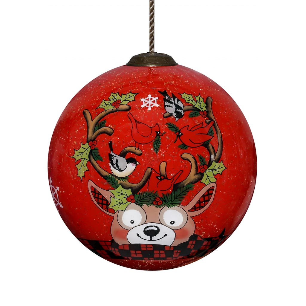 Reindeer with Plaids and Cardinals Hand Painted Mouth Blown Glass Ornament - 3" x 3" x 3"