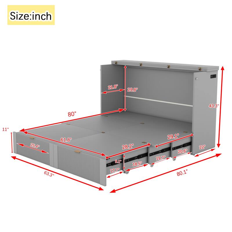 Murphy Bed with Pulley Design, Drawer, and USB Ports