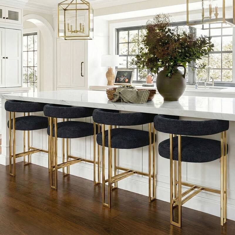 25" Seat Height Upholstered Chenille Gold Matel Counter Stool - Black-4-piece - Set of 4