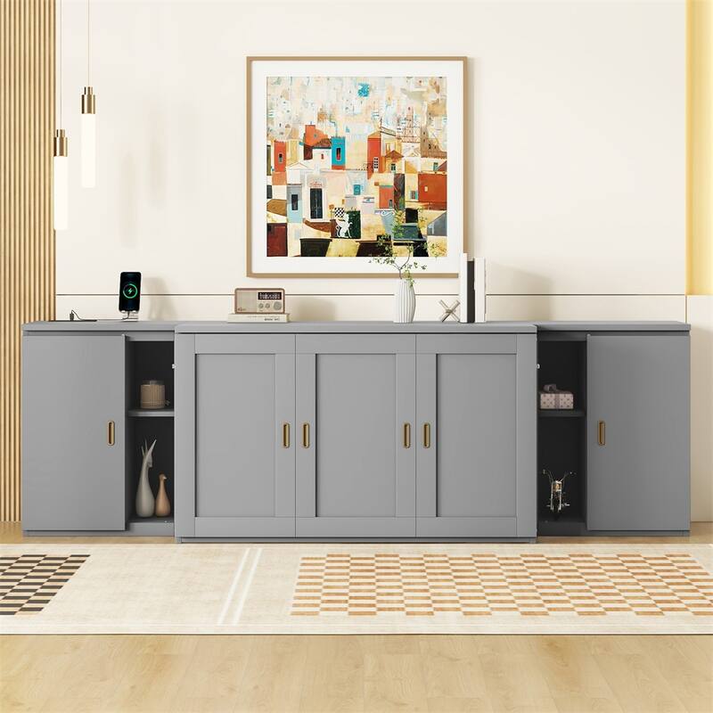 Full Size Multi-function Murphy Bed w/ USB Ports,Cabinets and Shelves