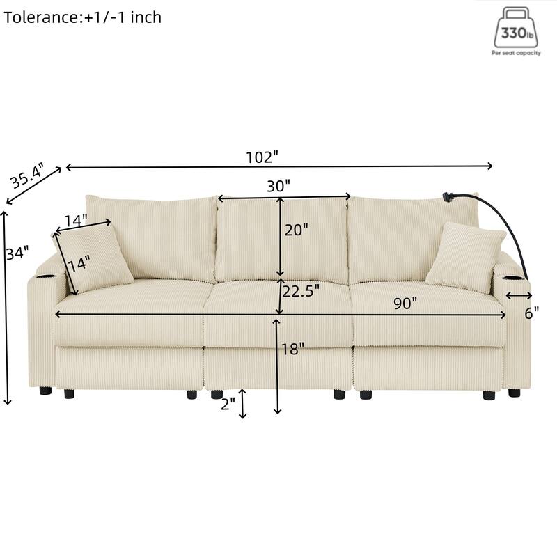 102" Corduroy 3-Seater Sofa with Deep Seat, Cup & Phone Holders