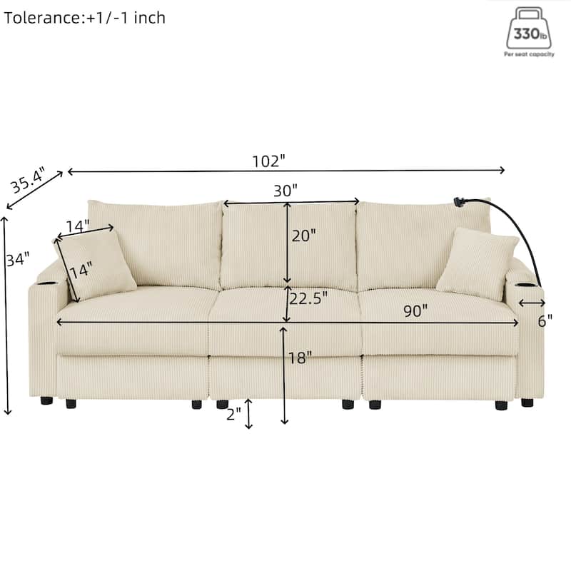 102" Corduroy Modern 3-Seater Sofa Deep Seat with Cup Holders & Phone Holder