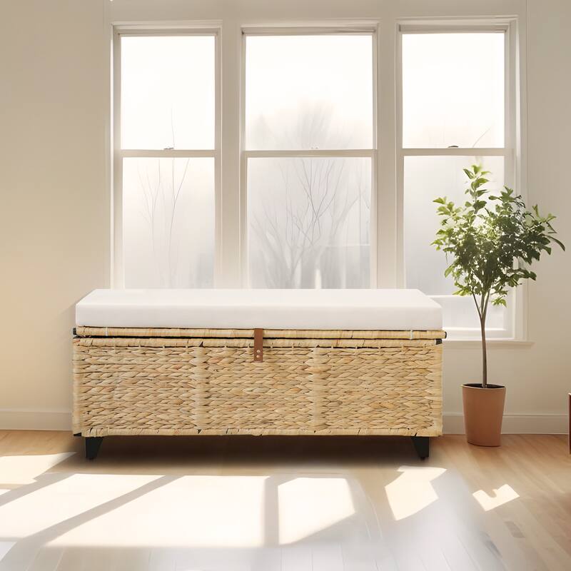 Wicker Storage Bench with Cushion for Bedroom, Living Room, Porch - 18.5'' H X 43.3'' W X 18.5'' D