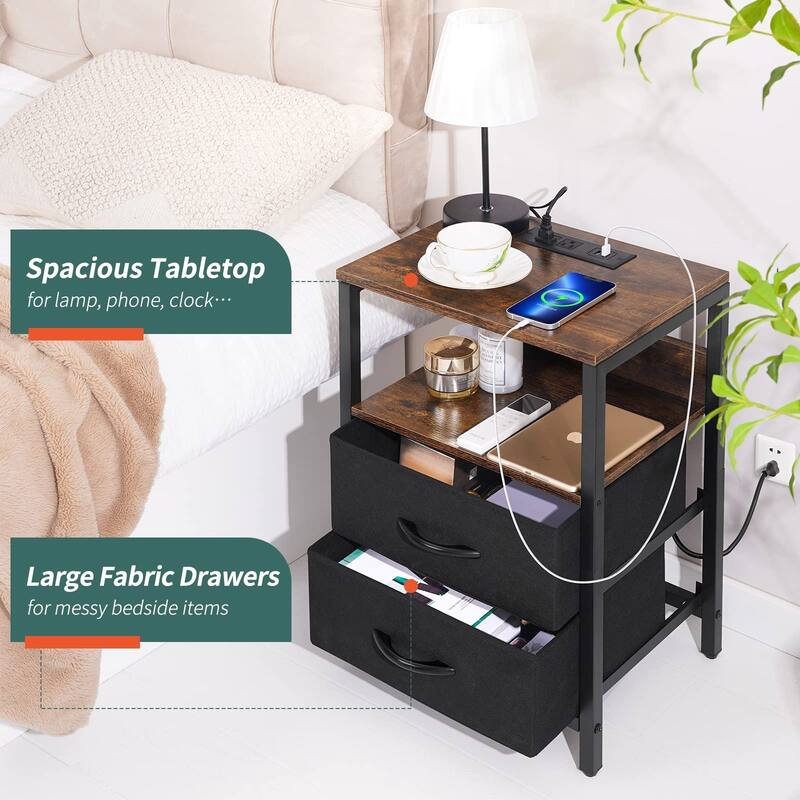 Nightstand with Charging Station, Small Night Stand with Fabric Drawers,Small Spaces Bedside Table with USB Ports & Outlets