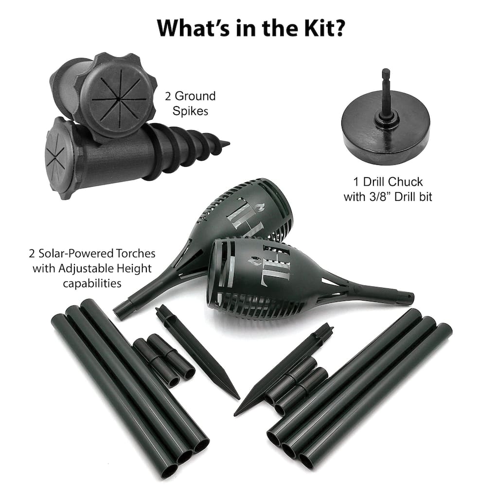 Solar Torch and Ground Spike Kit – 2-Pack with Adjustable Height, Drill Chuck included - 31"43"55"
