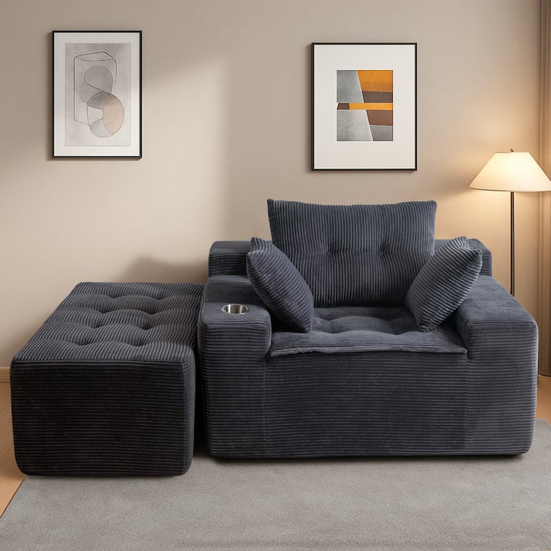 Corduroy Upholstered Memory Foam Sofa With Ottoman Upholstered Bean Bag Couch - 48.4"Lx67.7"Wx24.4"H