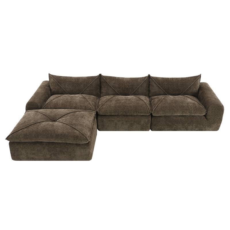 L-Shape Sectional Sofa with Ottoman, Chenille Sofa with Integrated Backrest & Seat Cushion, Fully Compressed Foam 4 Seat Sofa