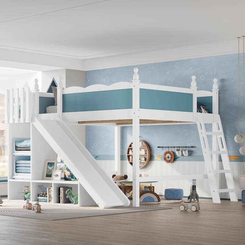 Queen/Full Size Solid Wood Loft Bed with Slide, Storage Shelves, Cabinet, Ladder & Play Area, No Box Spring Needed