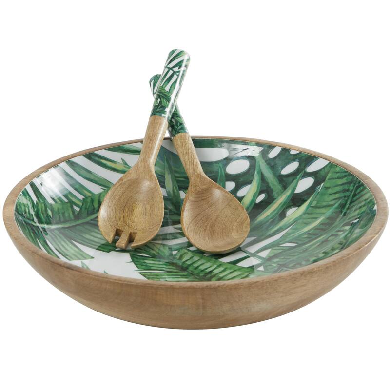 Mango Wood Handmade Decorative Bowl with Matching Salad Serving Utensils - Set of 3 Cream or Green - Roche River Decor