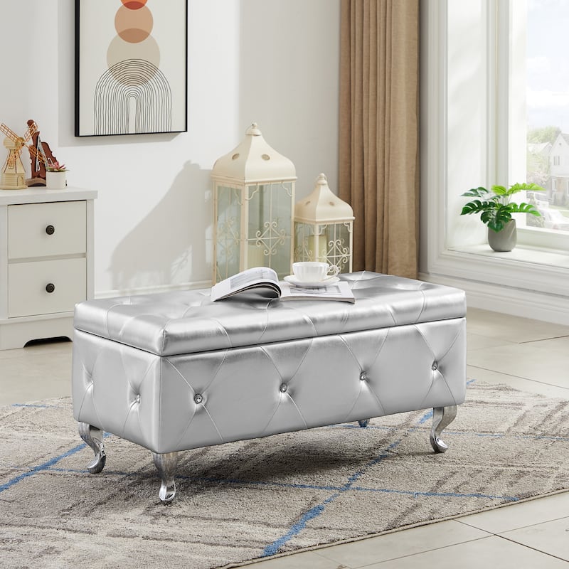 PU Tufted Fabric Storage Bench with Flip Top and Sturdy Metal Feet