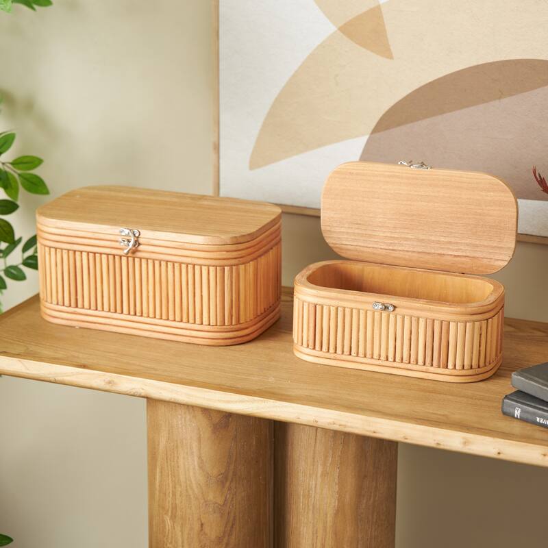 Brown Wood Ribbed Decorative Box with Brass Latches (Set of 2) - 8"W x 12"L x 6"H