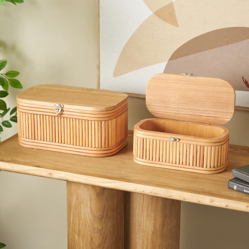 Brown Wood Ribbed Decorative Box with Brass Latches (Set of 2) - 8"W x 12"L x 6"H