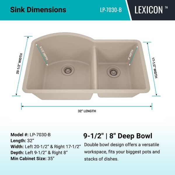 dimension image slide 6 of 9, Lexicon Platinum Quartz 32 Inch 70/30 Double Bowl Kitchen Sink with Bottom Grids and Strainers and Disposal Flange