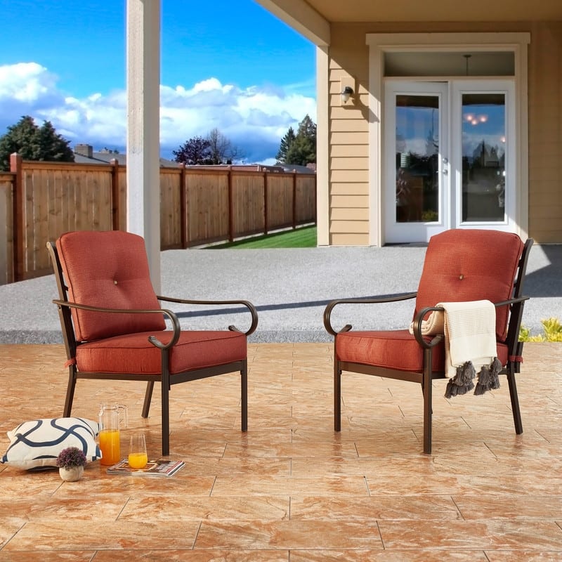 Patio Festival Outdoor Metal Chair with Red Cushions (2-Pack)