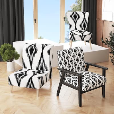 Designart "Black and White Ethnic Ikat" Upholstered Patterned Accent Chair and Arm Chair