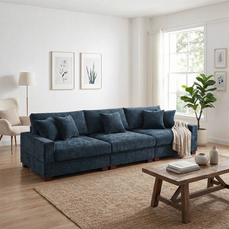 Oversized Chenille Modular Sectional Sofa With Deep Seat - Blue/2 Armchair+1 Armless chair