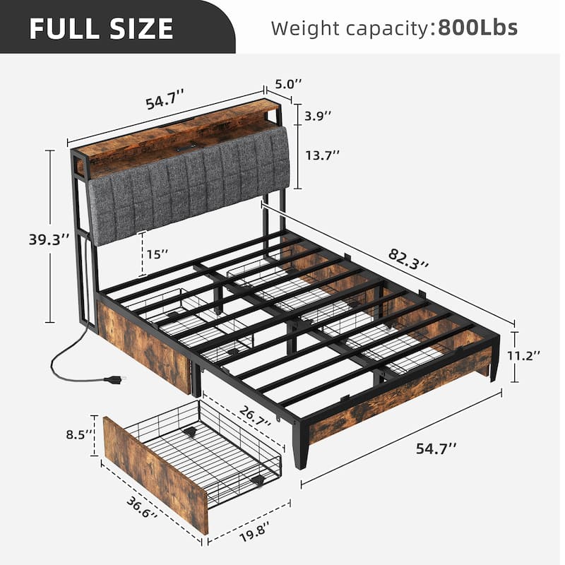 Upholstered Platform Bed with Charging Station and Storage Headboard - Brown - Full