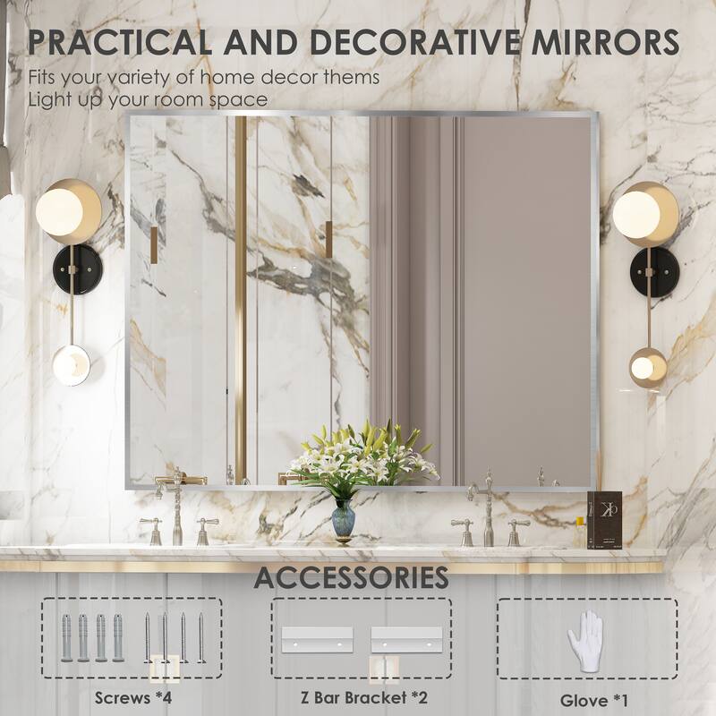 QuivaraView Wall Mounted Aluminum Frame Bathroom Vanity Mirror - 48" x 36" - Silver
