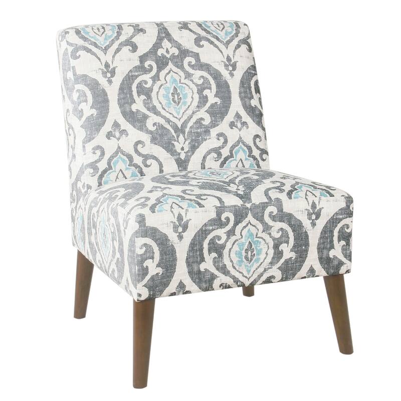Armless Accent Chair, Vintage Medallion Print, Blue White Polyester