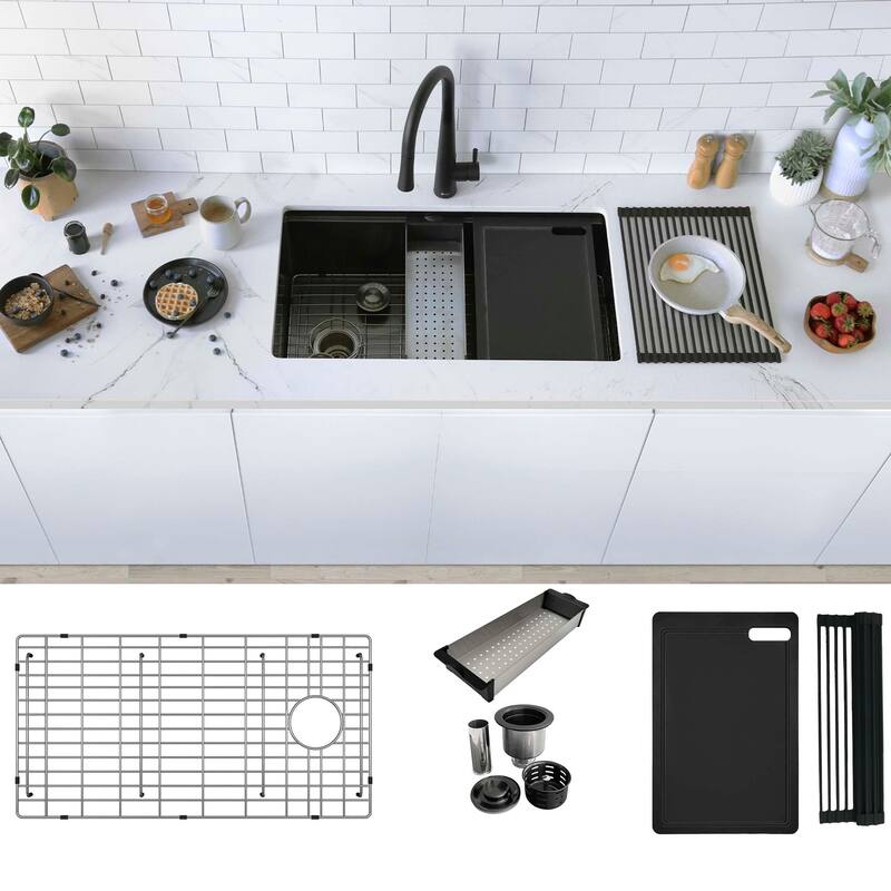 Undermount 33" Workstation Single-Bowl Stainless Steel Kitchen Sink - Graphite Black Acc