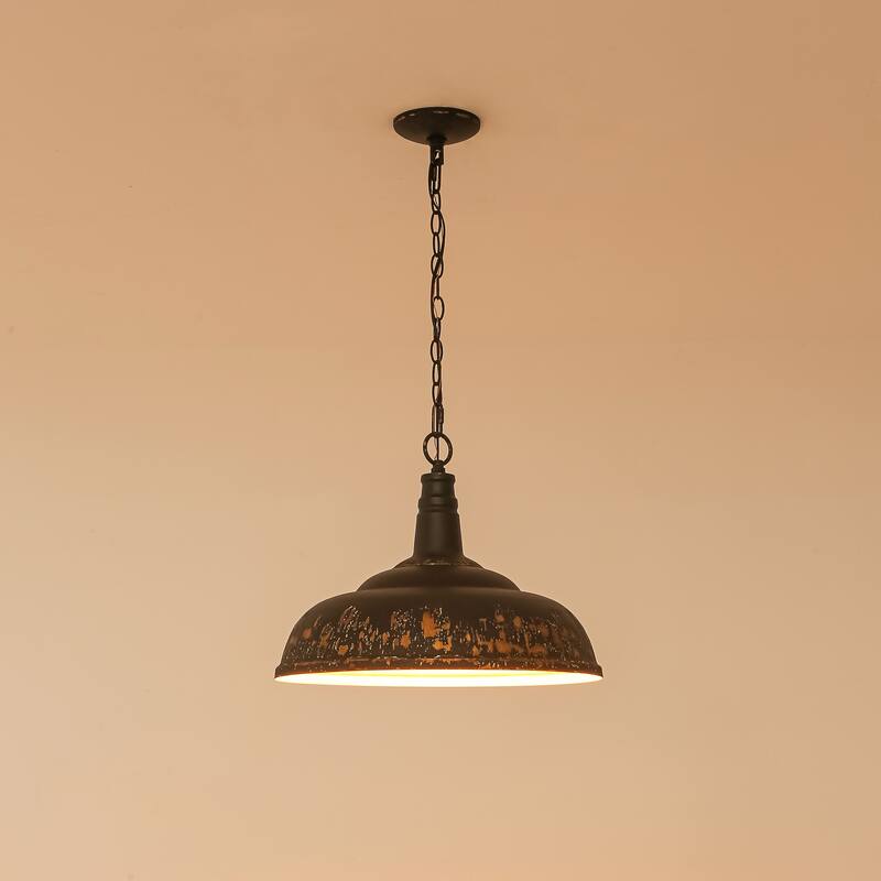 17.7" 1-Light Farmhouse Industrial Black and Gold Distressed Metal Dome Pendant Light with Adjustable Chain
