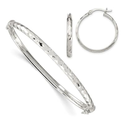 Curata 925 Sterling Silver 4mm Diamond-cut Bangle Bracelet and 3mm Hoop Earrings Set