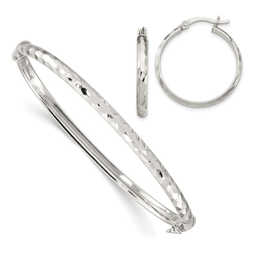 Curata 925 Sterling Silver 4mm Diamond-cut Bangle Bracelet and 3mm Hoop Earrings Set
