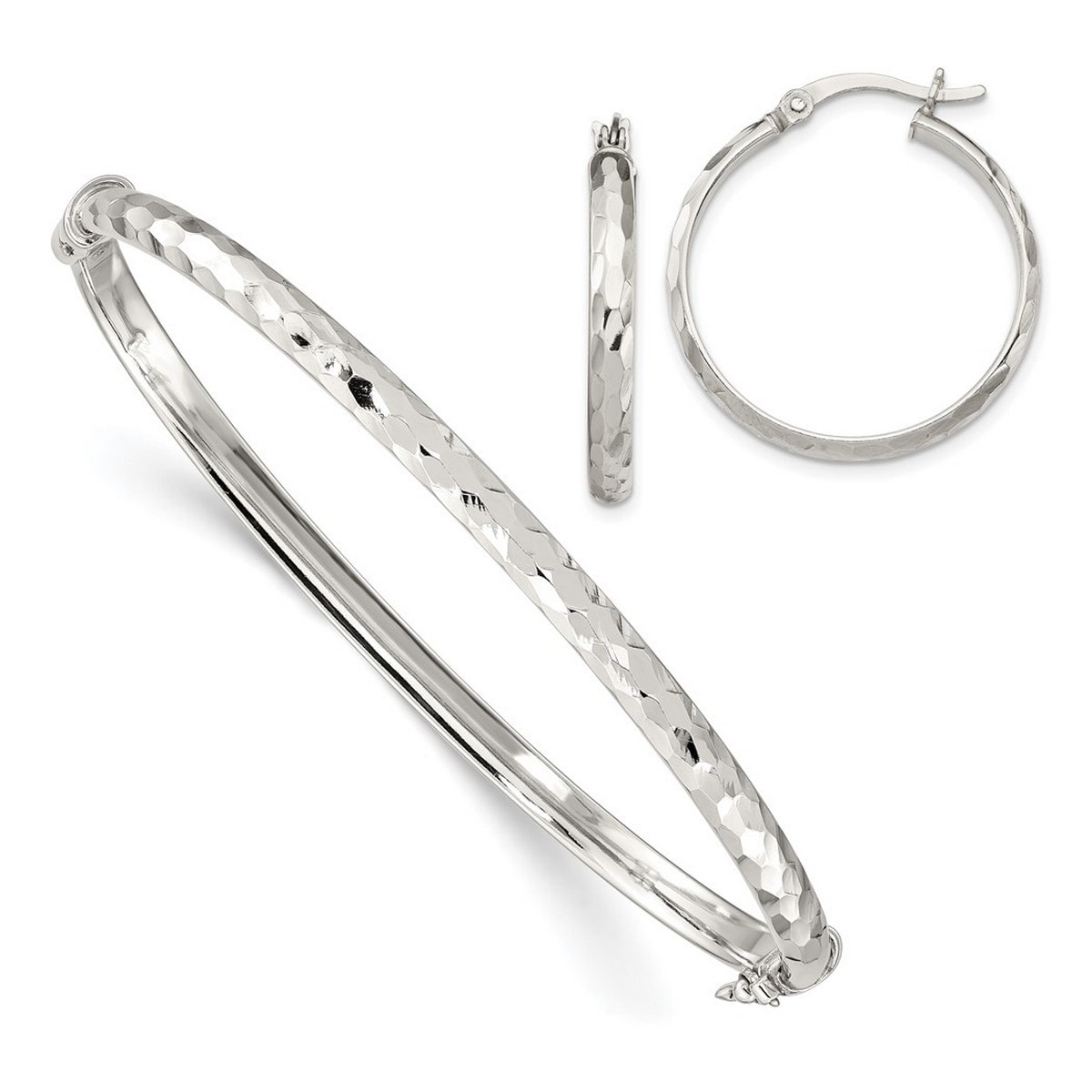 Curata 925 Sterling Silver 4mm Diamond-cut Bangle Bracelet and 3mm Hoop Earrings Set
