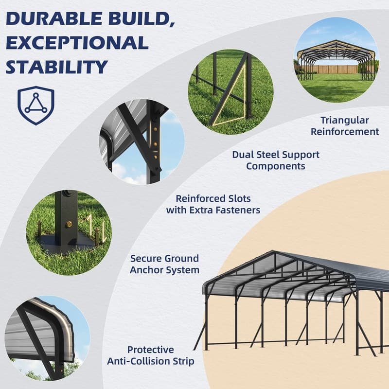 Erommy Outdoor Carport with Galvanized Steel Roof, Heavy-Duty All-Weather Shelter for Cars, Boats and Equipment